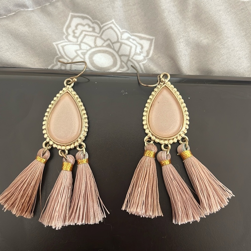 Pink and Gold Tear Drop Shaped Tassel Earrings